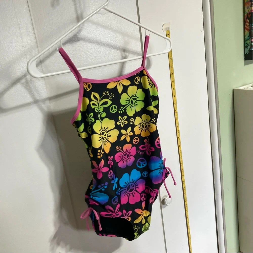 SO One Piece Peace and Flower Power Swimsuit Girls Size 10